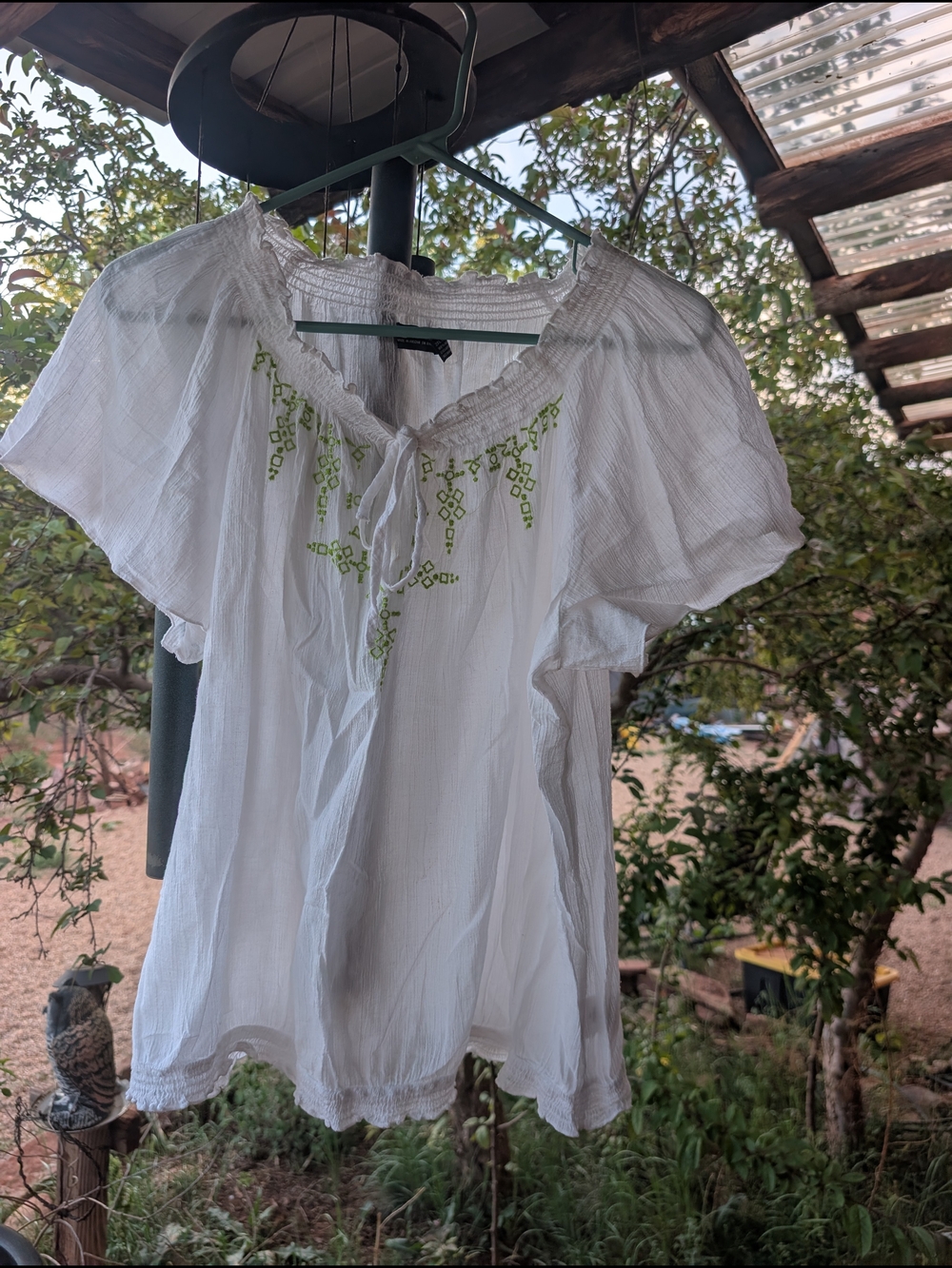White Peasant Blouse with Green Embroidery - Women Tops